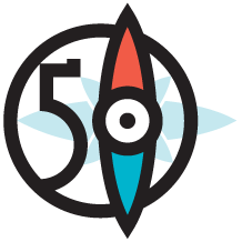 A compass with arrow points north, incorporated into a circular design with abstract blue shapes and a central target pattern.