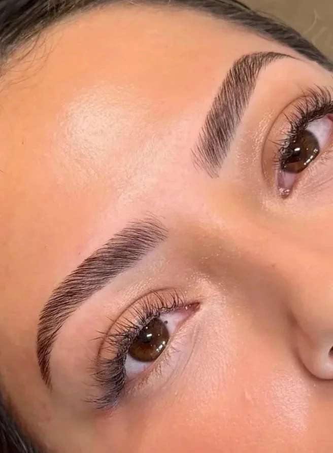 Close-up of a person's well-groomed eyebrows and eyes, showing natural eyelash curl and brown irises.
