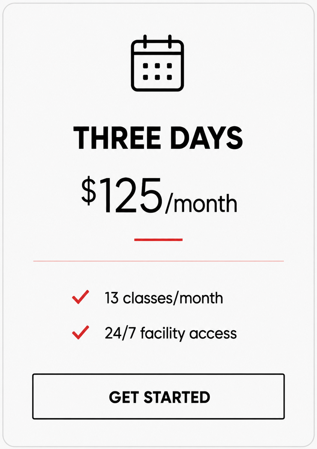 A subscription plan advertisement for three days at $125 per month, offering 13 classes per month and 24/7 facility access, with a "Get Started" button.