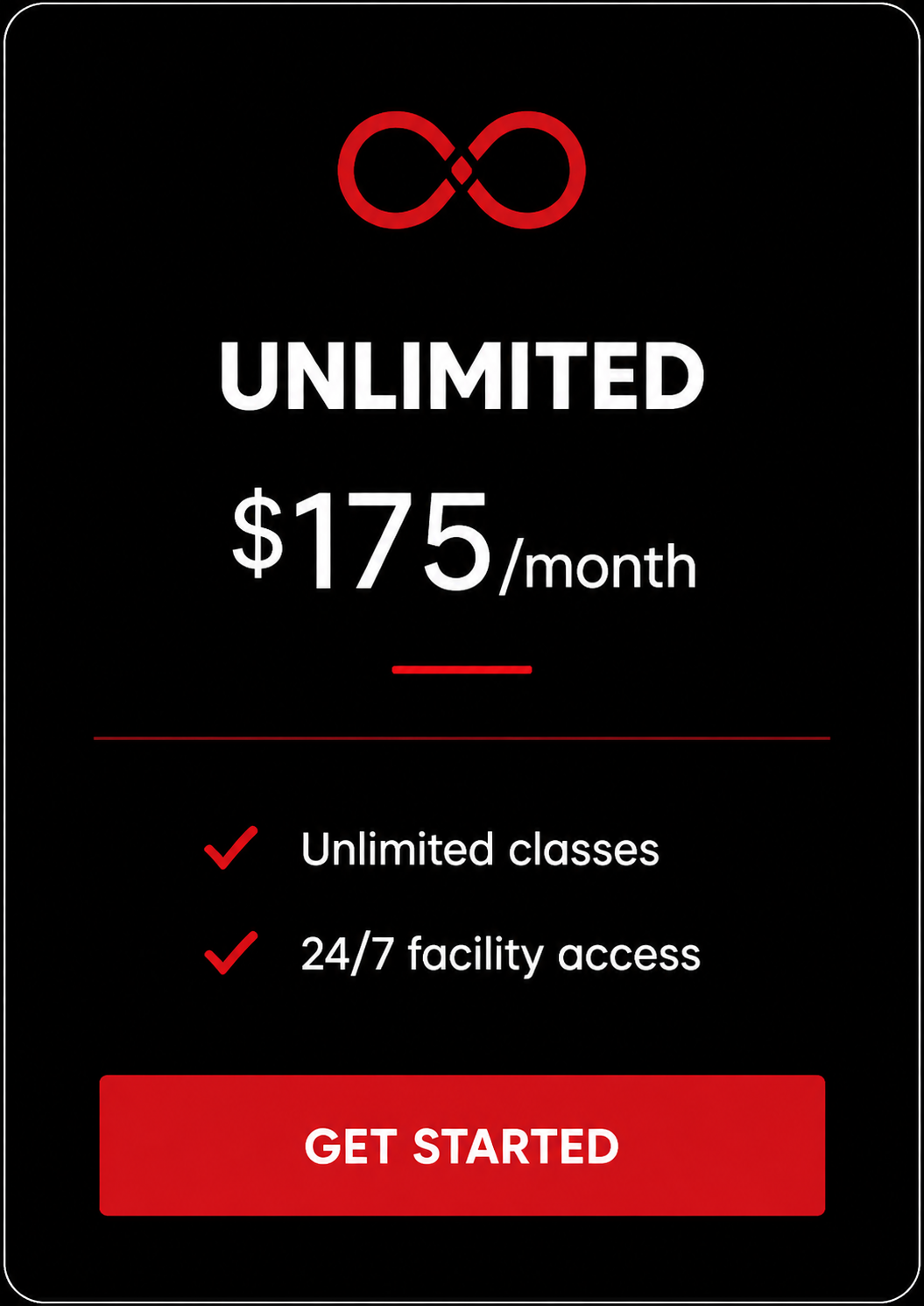 Advertisement for an unlimited monthly subscription service costing $175, offering unlimited classes and 24/7 facility access, with a red 'Get Started' button.
