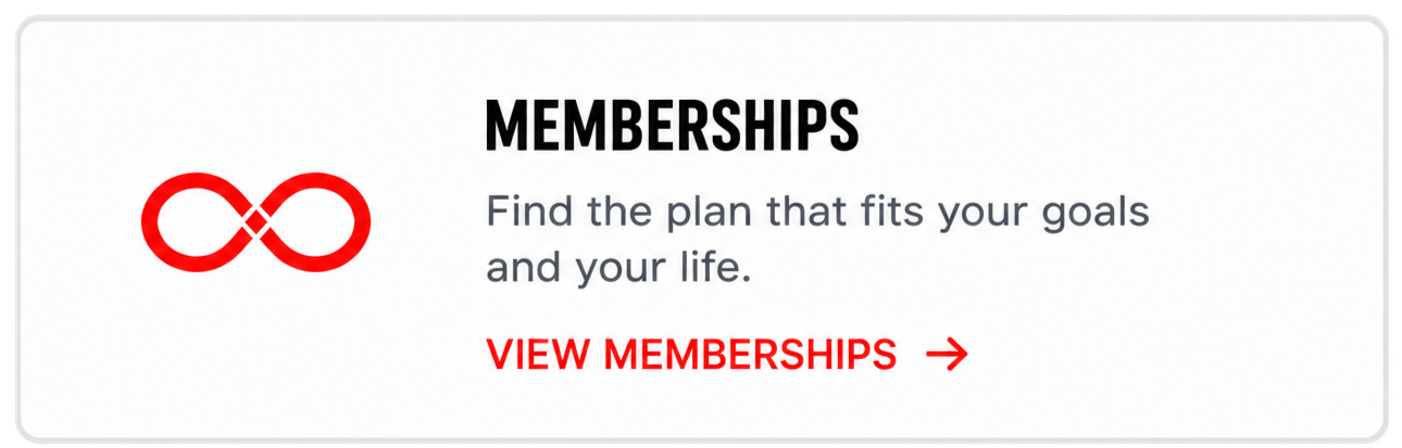 Memberships advertisement with a red infinity symbol and text promoting finding a plan that fits your goals and life, with a red call-to-action button that says 'View Memberships' with an arrow.
