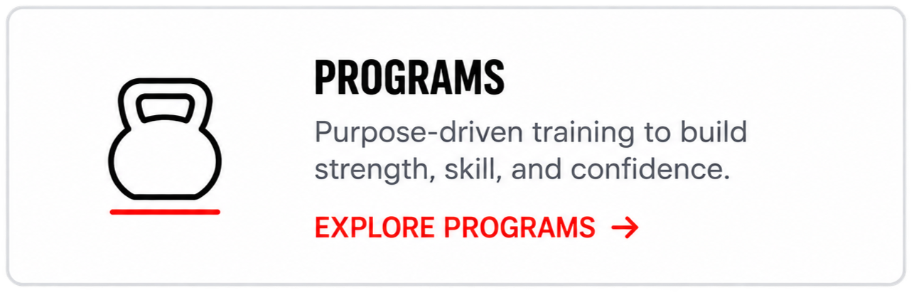 Icon of a kettlebell next to text about programs for strength and confidence training, with a call-to-action to explore programs.