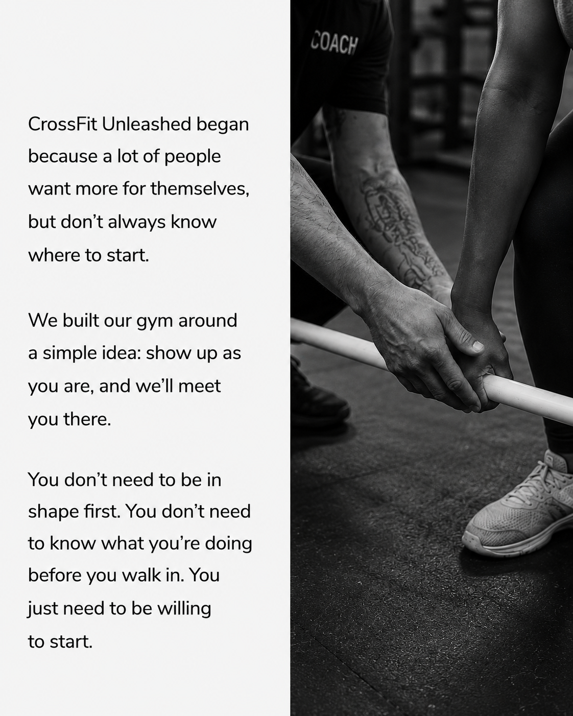 A black and white photo of two people lifting a barbell in a gym, with a motivational text overlay about CrossFit Unleashed.