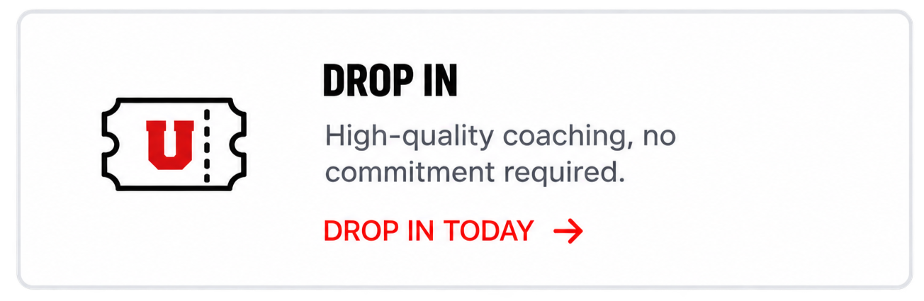 Information about high-quality coaching with no commitment required, with a red and black icon resembling a ticket, and a red call to action saying 'Drop in today' with an arrow.