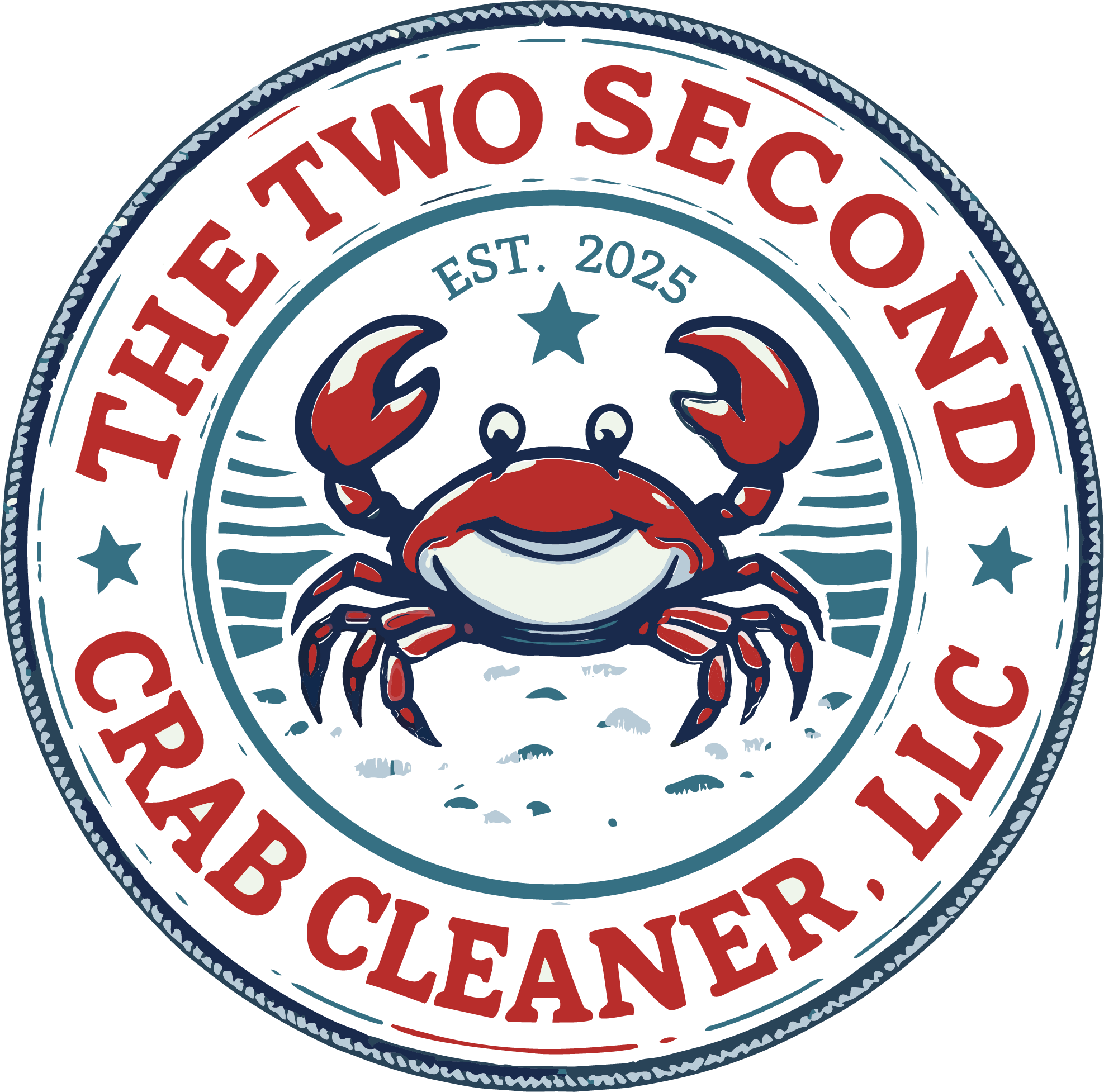 Circular logo with a crab in the center, surrounded by red and blue text that reads "Two Second Crab Cleaner," established in 2025.
