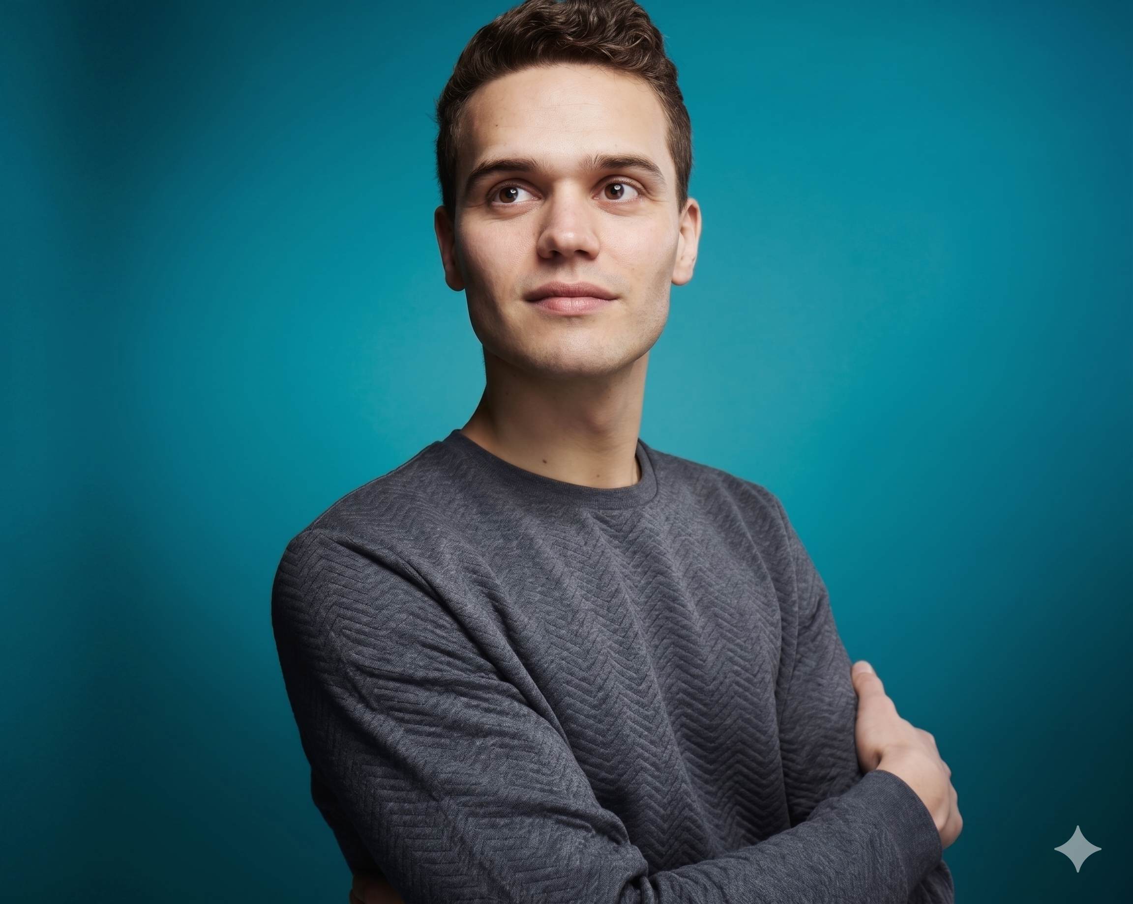 Ein junger Mann mit kurzen, braunen Haaren schaut leicht nach oben und trägt ein dunkelgraues, strukturiertes Langarmshirt. Er hat einen neutralen Gesichtsausdruck und steht vor einem bläulichen Hintergrund. Her hat Künstliche Intelligenz im Blick.