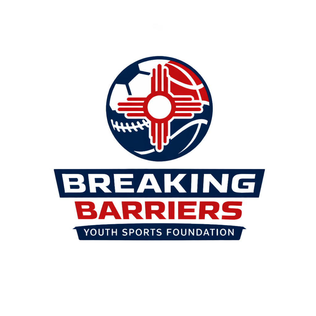 Logo for Breaking Barriers Youth Sports Foundation featuring a circular emblem with sports icons and the foundation's name in bold blue, red, and white text.