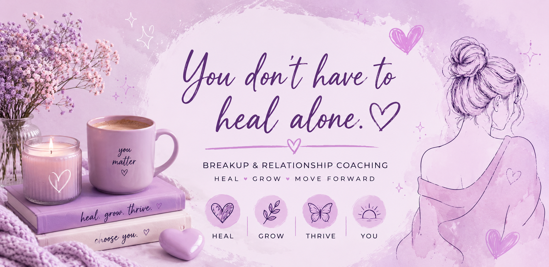 A pastel purple-themed promotional image for breakup and relationship coaching. It features a bouquet of pink and purple flowers in a clear vase, a lit candle with a heart drawing, a mug with the words 'you matter' and a heart, and a stacked set of books with words 'heal grow thrive' and 'choose you'. There is a line drawing of a woman with her hair in a bun and hearts and stars scattered around, with the main message 'You don’t have to heal alone' in flowing script. The image emphasizes healing, growing, and moving forward in relationships.
