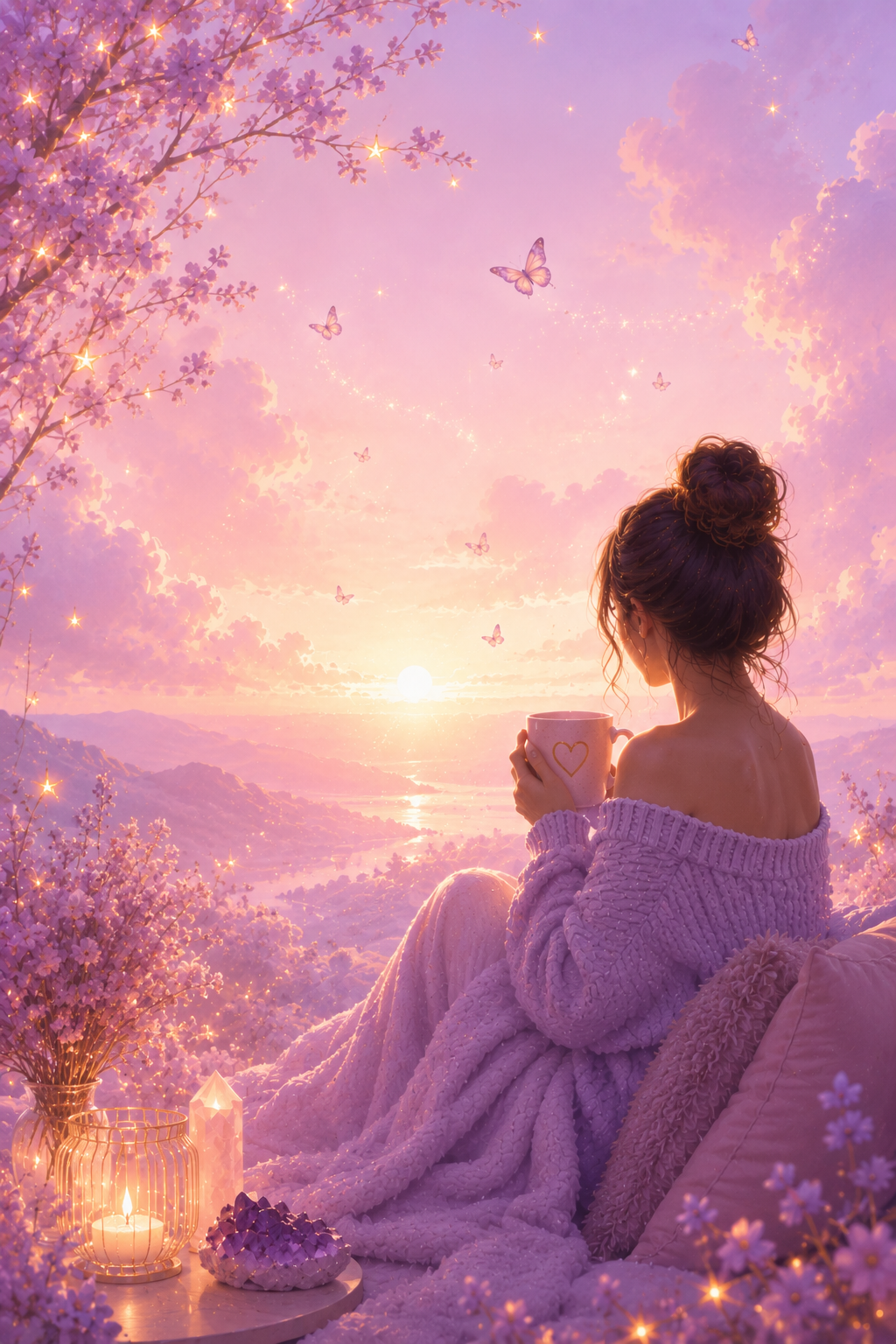 A woman with curly hair in a messy bun sitting outdoors at sunset or sunrise, holding a mug with a heart on it, surrounded by pink and purple flowers, glowing fairy lights, butterflies, and a serene landscape in the background.