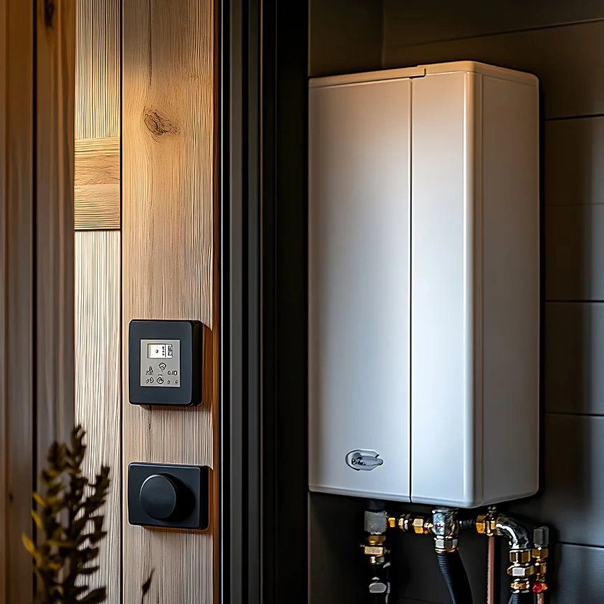 View of a wall with a digital control panel, a black sensor or dial, and a white utility box mounted on the wall, with pipes and fittings below the utility box.