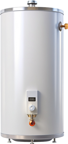 A white electric water heater with a temperature control dial and inlet and outlet pipes.