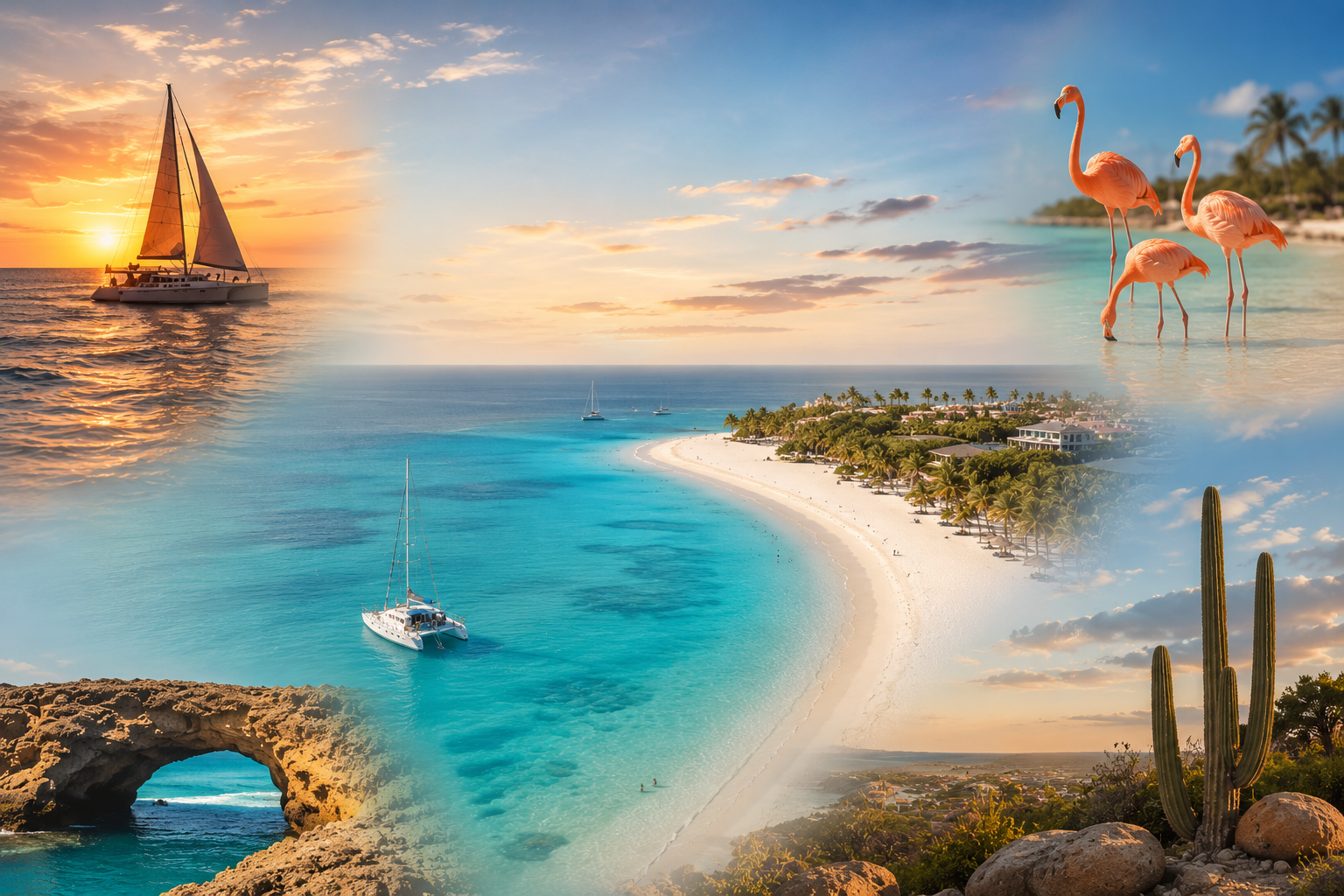 Paisaje de playa tropical con barcos, flamingos, arcos de piedra y cactus bajo un cielo con nubes y atardecer.