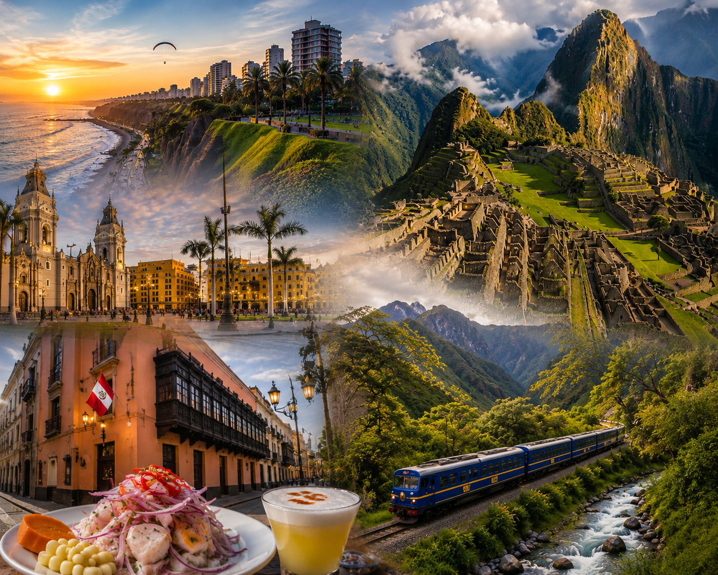 Collage de paisajes y escenas famosas de Perú, incluyendo Machu Picchu en las montañas, calles con arquitectura colonial, un tren en la selva, un plato de comida peruana con bebida, una iglesia colonial, una vista de la costa con ciudad y un parapente al atardecer.