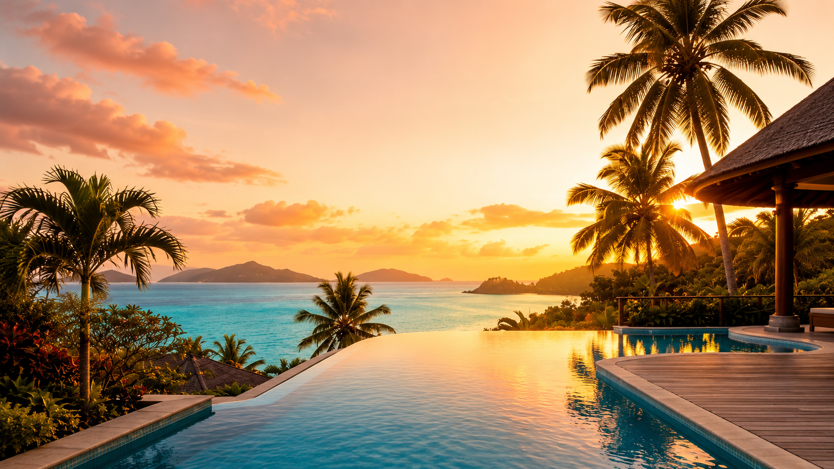 Atardecer en un paisaje tropical con palmeras, una piscina y el mar, en un entorno de lujo y paz.