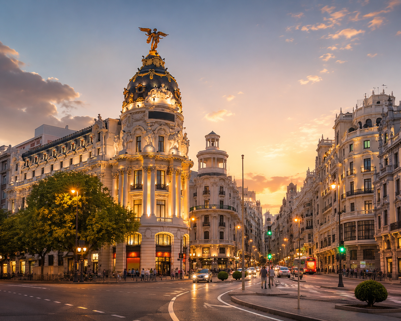 Edificio ornamentado en una calle de ciudad, con luces encendidas al atardecer y cielo nublado, árboles y tráfico vehicular.