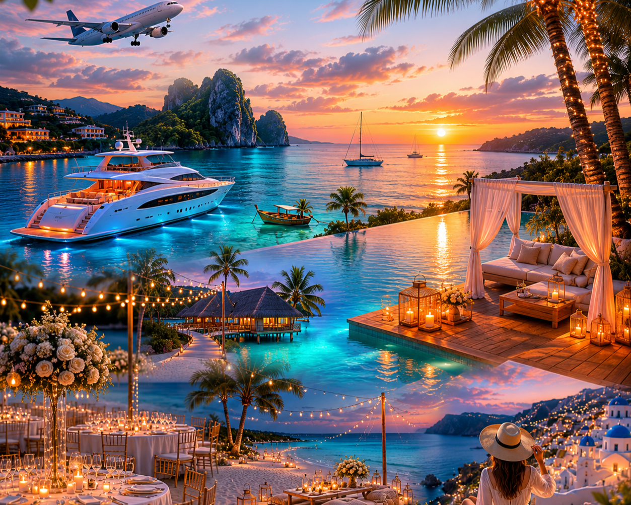 Paisaje nocturno de playa con yate y barcos en el agua, palmeras, palacio, iluminación cálida, decoración elegante, mesas y sillas, ambiente romántico en una isla tropical.