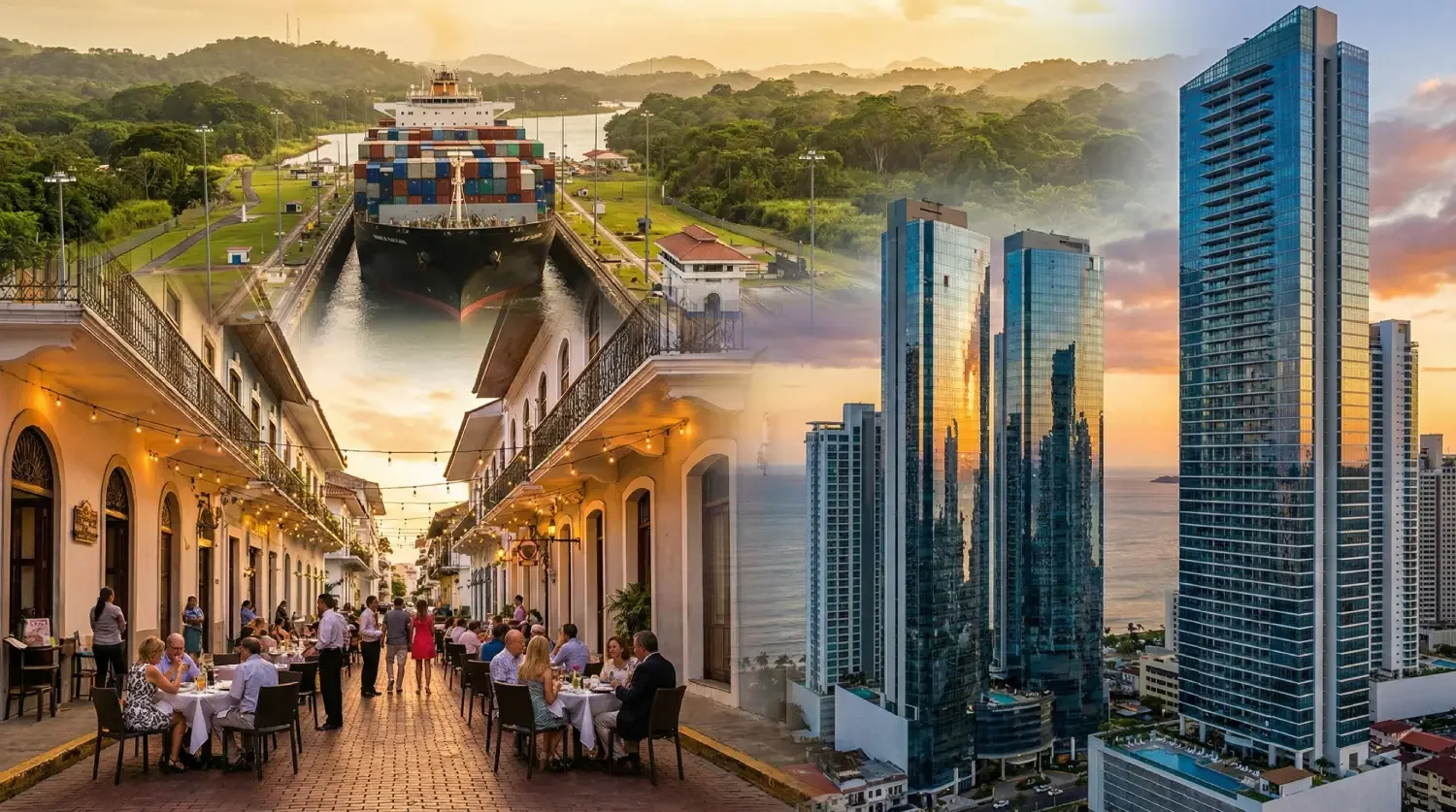 Ciudad moderna con rascacielos, ruta de barco y restaurante con gente comiendo al aire libre