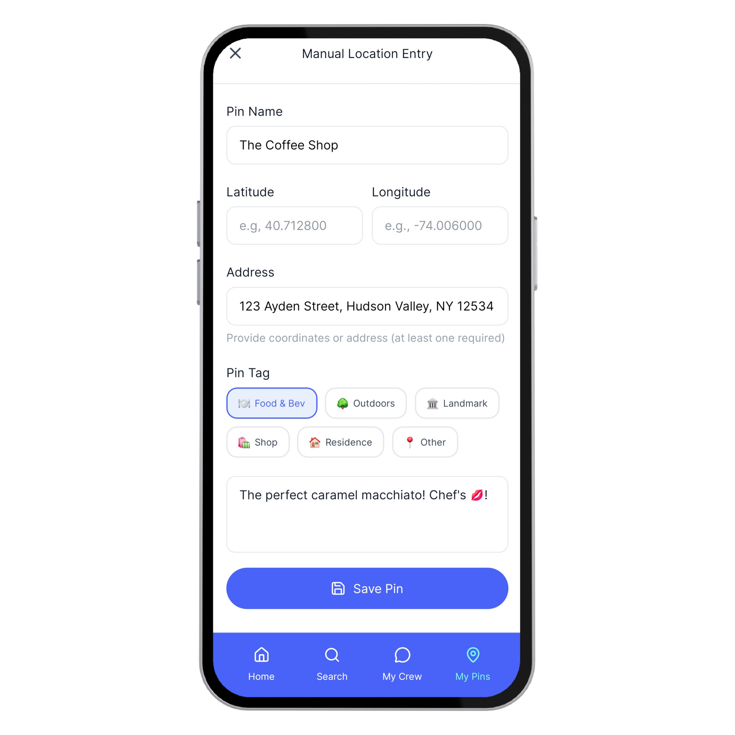 PinTagGo manual location entry feature for saving places anywhere in the world
