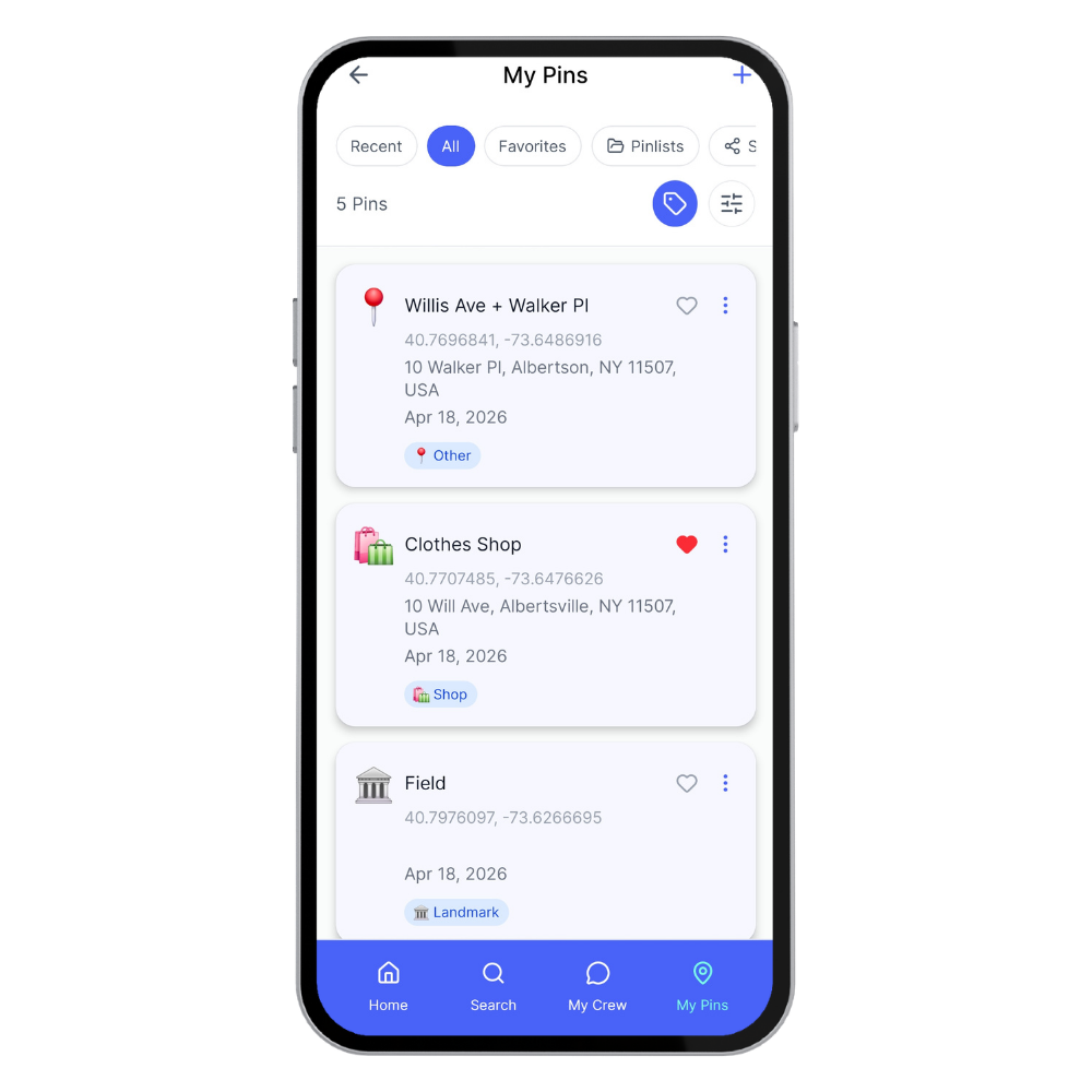 PinTagGo saved places dashboard showing recent locations and favorite destinations