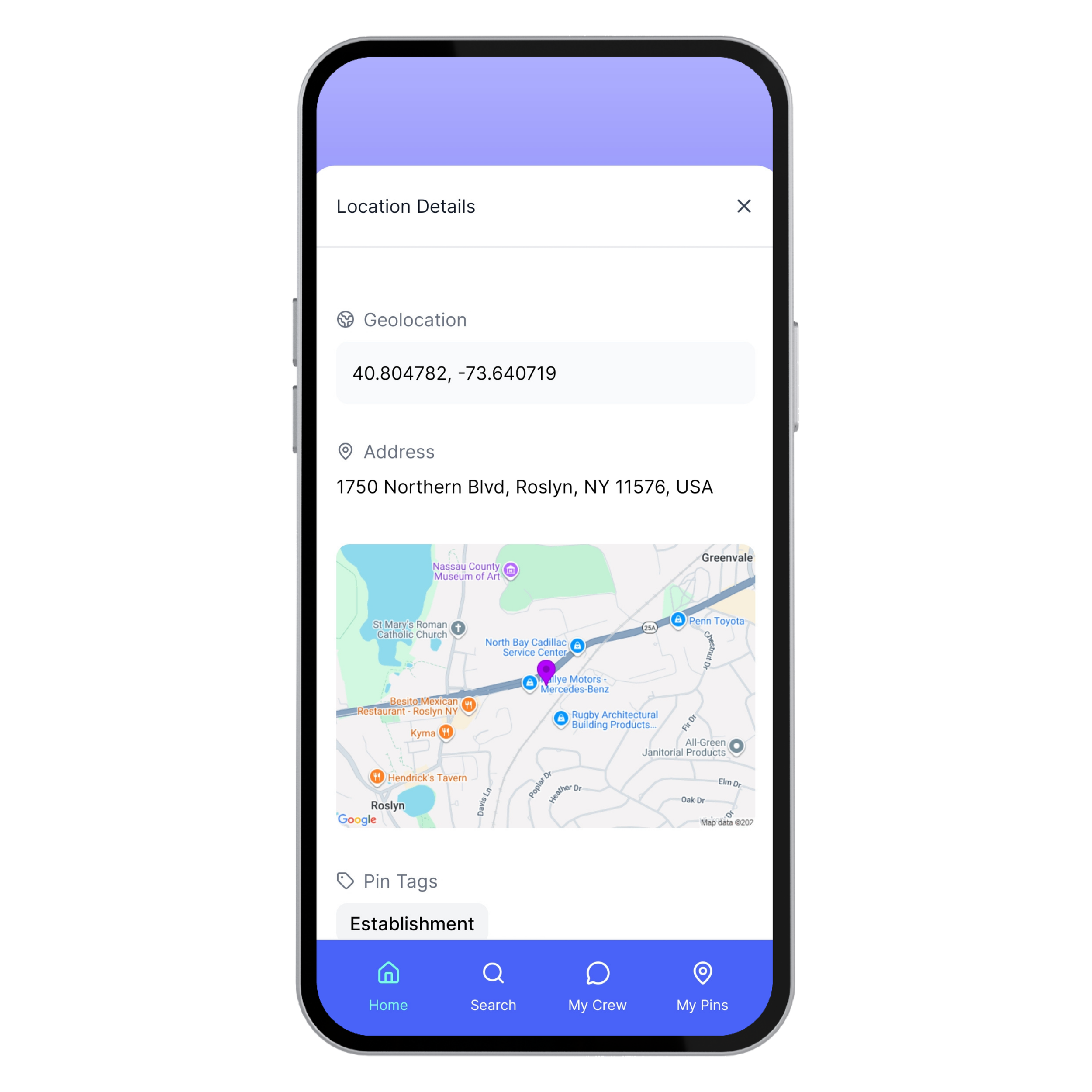 PinTagGo location management feature displaying maps and saved place information