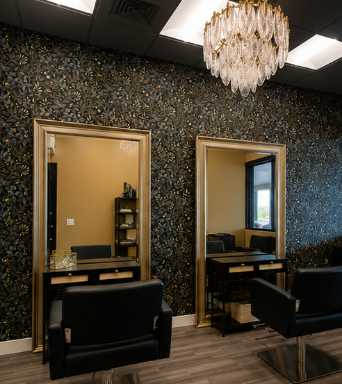 Two salon chairs facing large mirrors with gold frames, set against a dark floral wallpaper in a salon or hair studio, with a chandelier hanging from the ceiling.