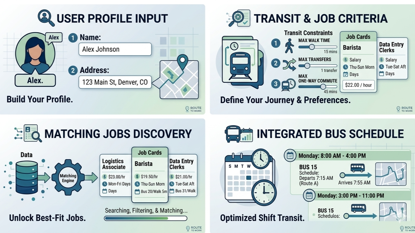 An infographic showing various features of a transit and job matching app. It includes sections for user profile input with a illustration of a woman named Alex, transit and job criteria with a bus icon, matching jobs discovery with data and gear icons, and an integrated bus schedule with calendar and clock icons. The layout includes icons, charts, and text explaining each step.