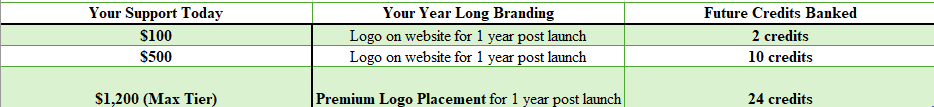 Table displaying support options with amounts, branding, and credits.