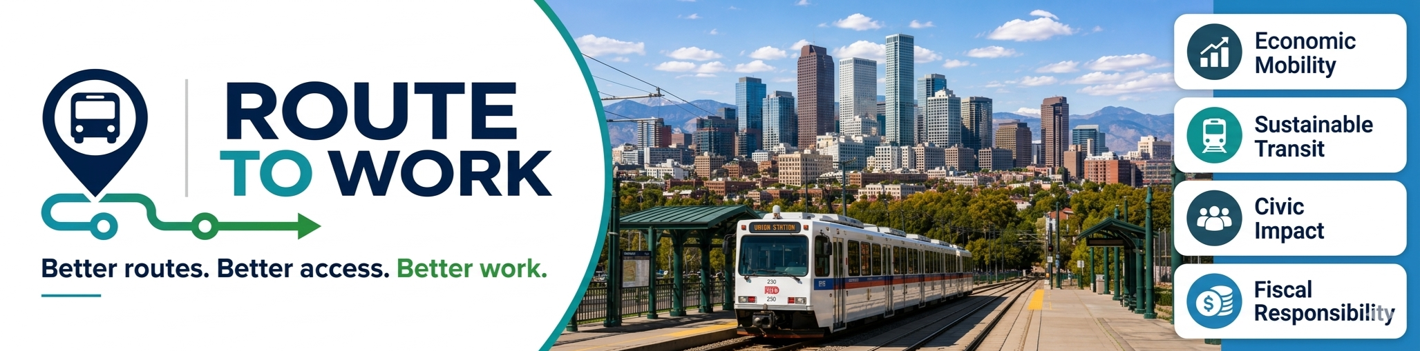 A cityscape with a light rail train at a station, and a graphic overlay showing the text 'Route to Work' and icons representing economic mobility, sustainable transit, civic impact, and fiscal responsibility.