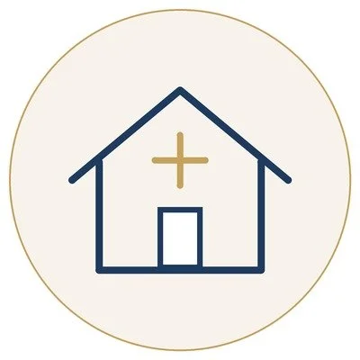 Simple line drawing of a house with a cross inside, suggesting a church or religious building.