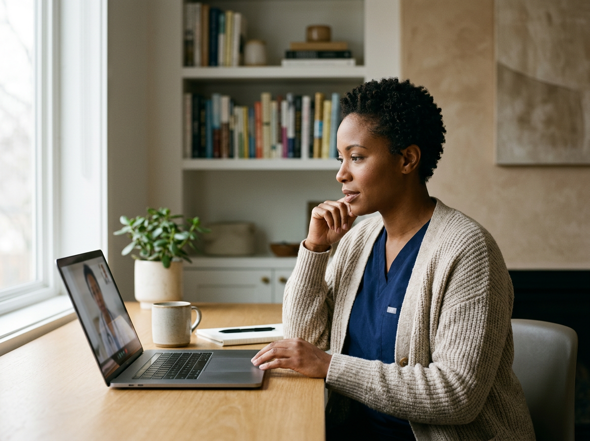 Woman in blue scrubs and beige cardigan participating in a video call on a laptop at a wooden table in a home setting.