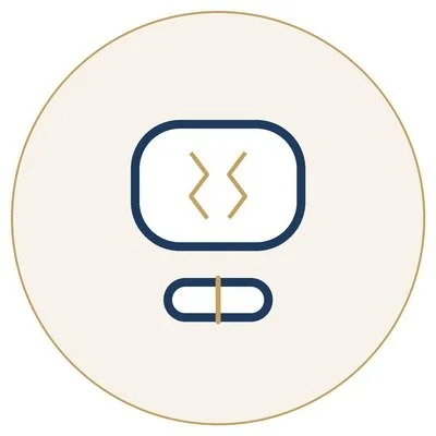 A minimalist illustration of a robot face with a rounded rectangular outline, two zigzag lines for eyes, and a small rounded rectangle below the face, all within a circular gold border.