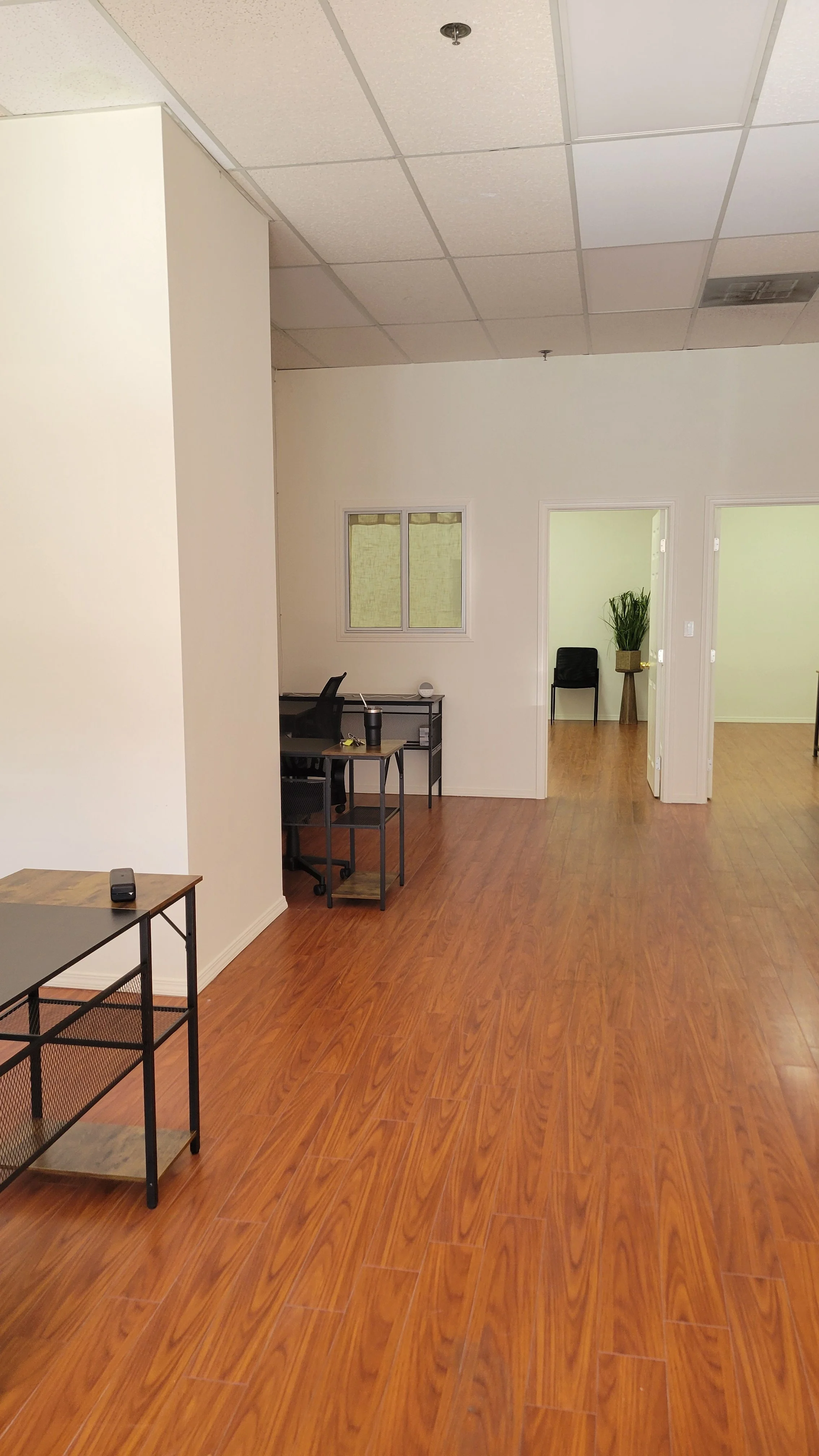 Empty office space with wooden floors, white walls, a desk with a black office chair, a plant in a corner, and open doorways.