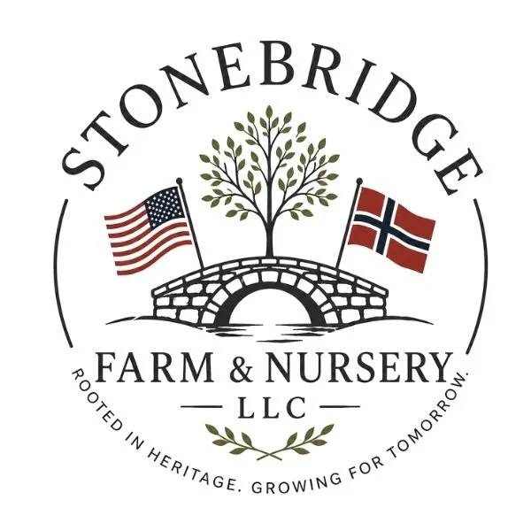 Stonebridge Farm & Nursery LLC logo featuring a stylized tree above a stone bridge, flanked by the U.S. and Norwegian flags.