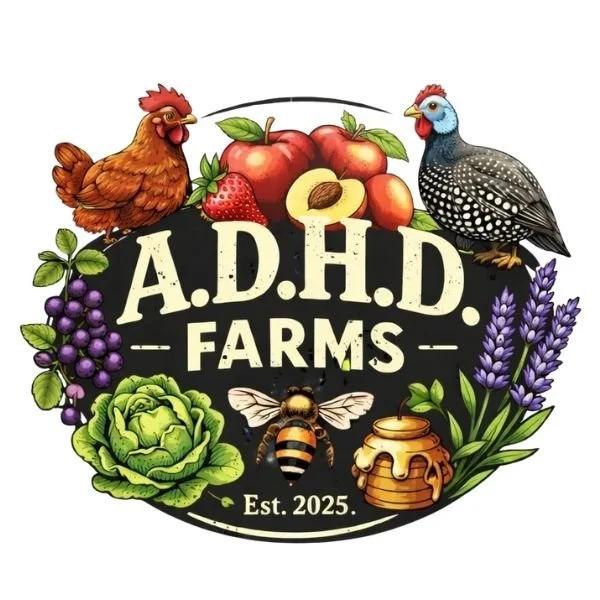 ADHD Farms logo featuring farm produce, poultry, honey bee, elderberries, and lavender.
