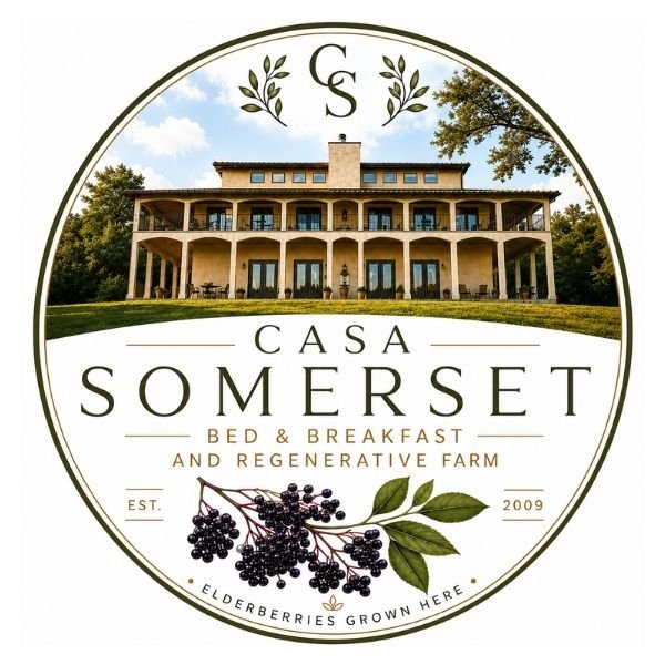 Casa Somerset Bed & Breakfast and Regenerative Farm logo featuring farmhouse and elderberries.