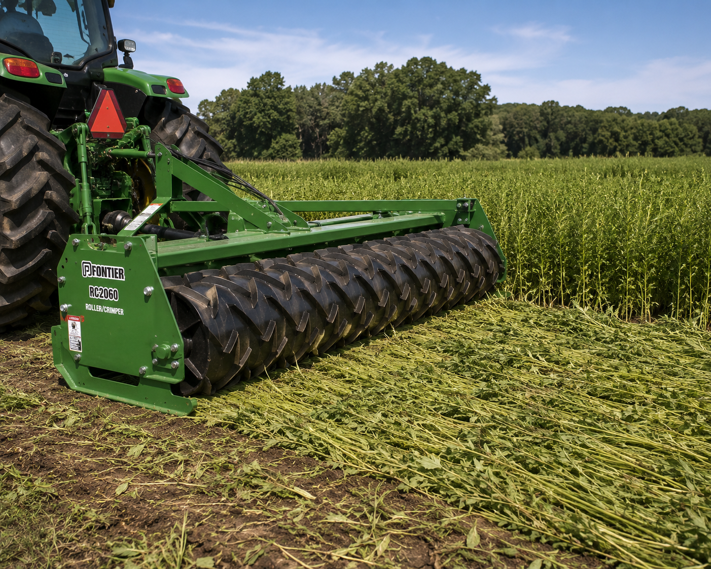 Close-up of a tractor pulling a green roller-crimper through a field, flattening and crimping a dense cover crop to create a mulch layer for no-till planting. Trees line the background under a blue sky.