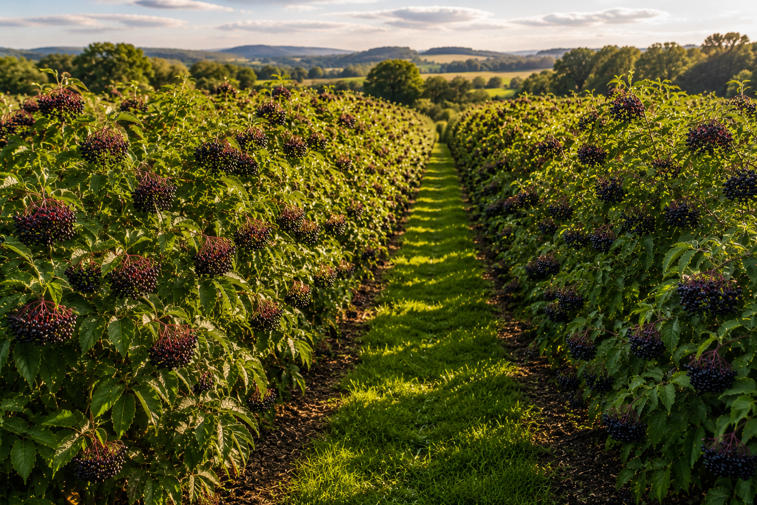 Rows of mature American elderberry shrubs growing in a well-maintained orchard, illustrating the type of field conditions that benefit from proper soil testing, nutrient management, and site preparation.