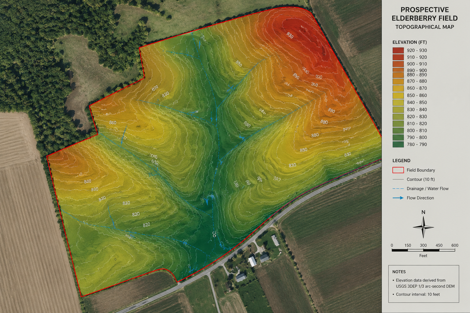 Topographic site evaluation map for a prospective American elderberry field, illustrating elevation changes, contour lines, drainage flow patterns, and field boundaries used for orchard planning and conservation management.