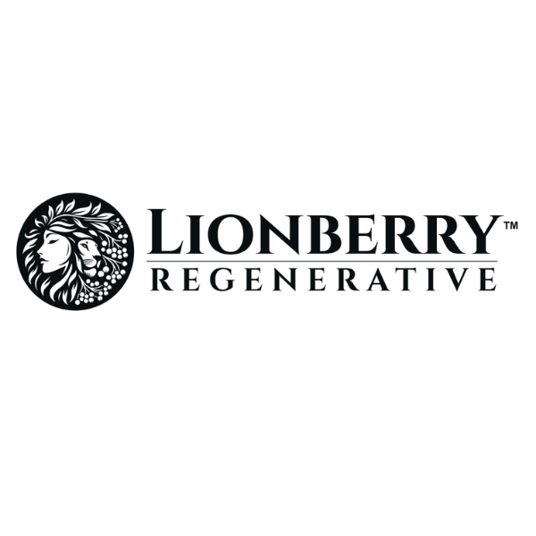 Lionberry Regenerative logo featuring a stylized lion and woman illustration with botanical elements and the text ‘Lionberry Regenerative'.