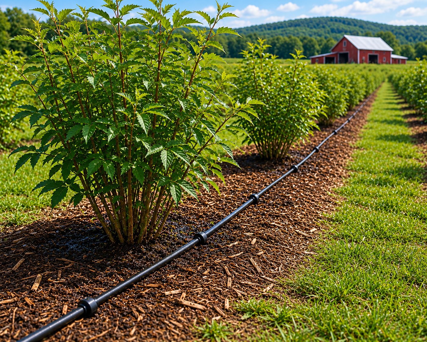 Drip irrigation line installed along a row of American elderberry shrubs with wood mulch and visible emitters. Moist mulch surrounds the irrigation points beneath healthy multi-stemmed elderberry plants in a well-maintained orchard field.