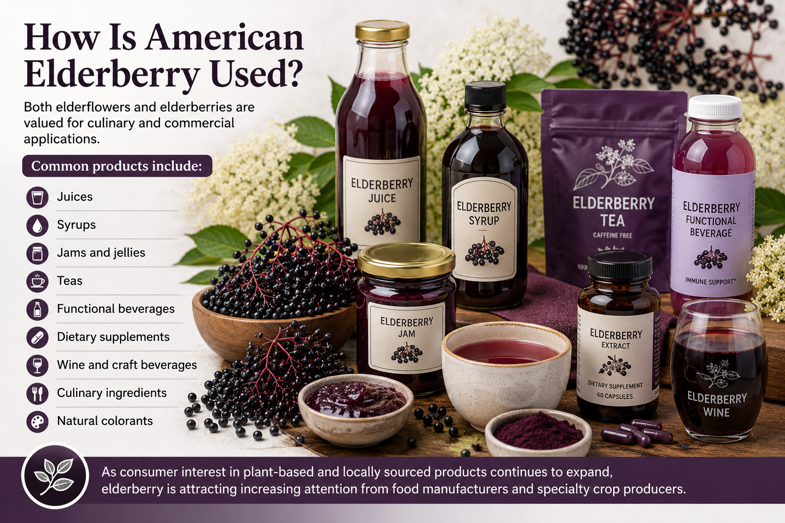 Collection of American elderberry products including juice, syrup, tea, jam, supplements, wine, and functional beverages displayed alongside fresh elderberries and elderflowers, illustrating common culinary and commercial uses of elderberry.