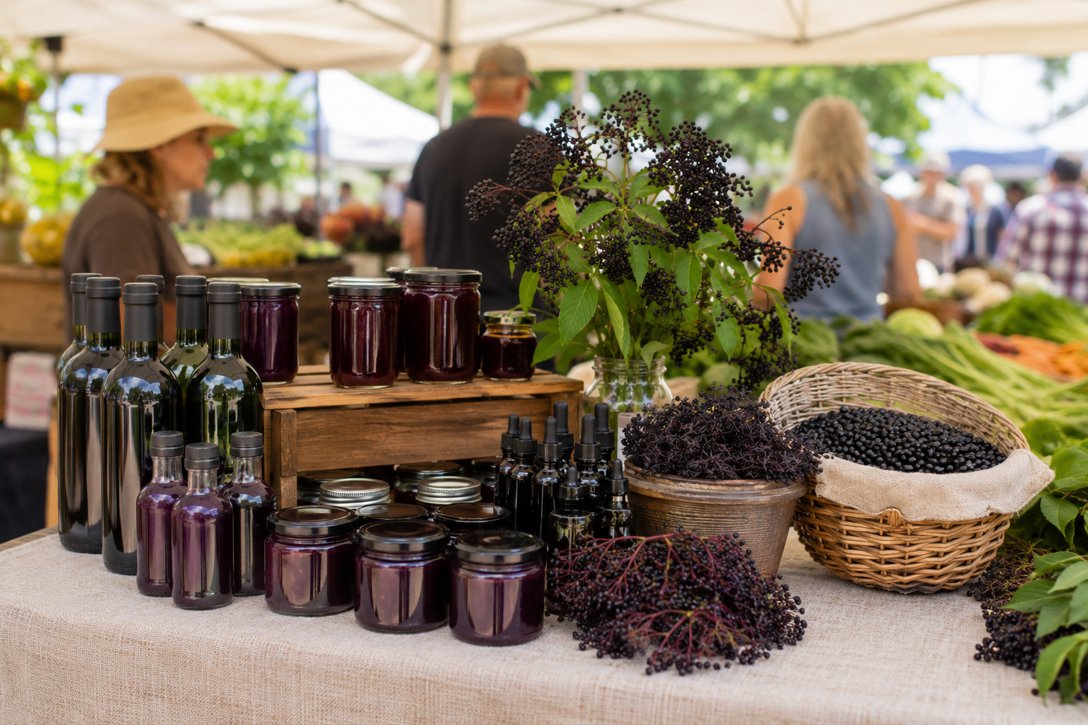 American elderberry products displayed at a farmers market, illustrating how value-added agriculture creates opportunities for local businesses, farm income, and rural economic growth.