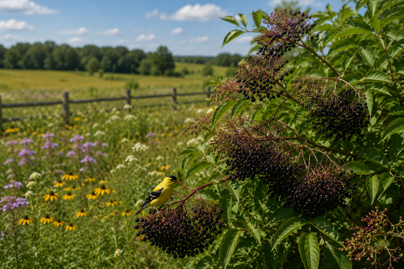 American elderberry growing within a diverse native habitat that supports pollinators, wildlife, and biodiversity while contributing to healthy agricultural landscapes.