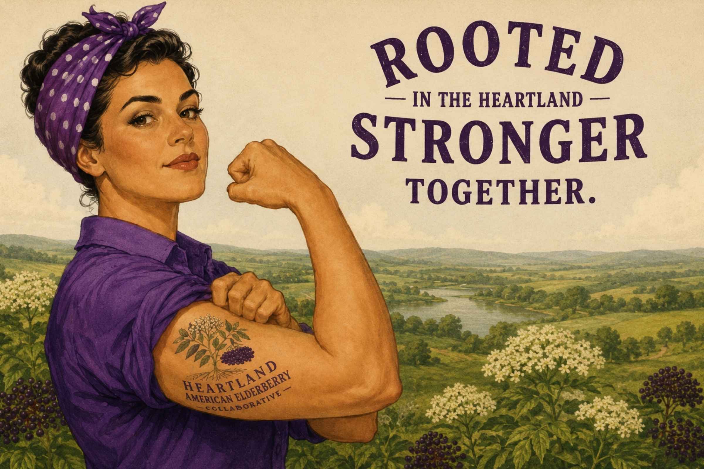 Vintage-inspired poster of a woman flexing her arm in a flowering elderberry landscape beneath the words "Rooted in the Heartland. Stronger Together."