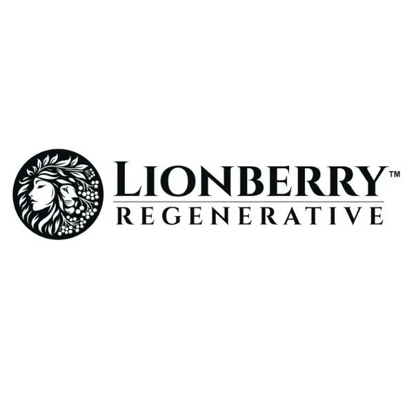 Lionberry Regenerative logo featuring a stylized lion and woman illustration with botanical elements and the text ‘Lionberry Regenerative'.