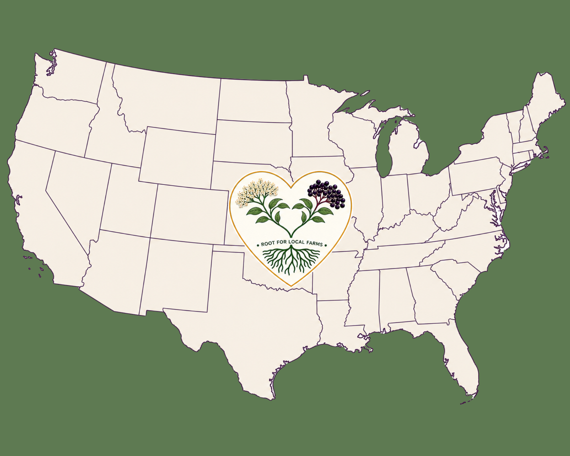 Map of the United States with a heart-shaped logo at the center featuring a tree and the text "Root for Local Farms."