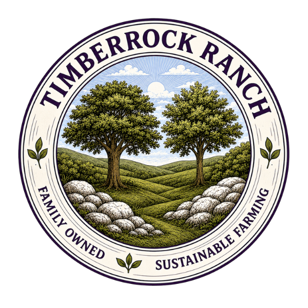 TimberRock Ranch logo featuring two mature oak trees in a rolling pasture landscape with stone-lined foreground, framed by a circular emblem and the text 'Family Owned Sustainable Farming'