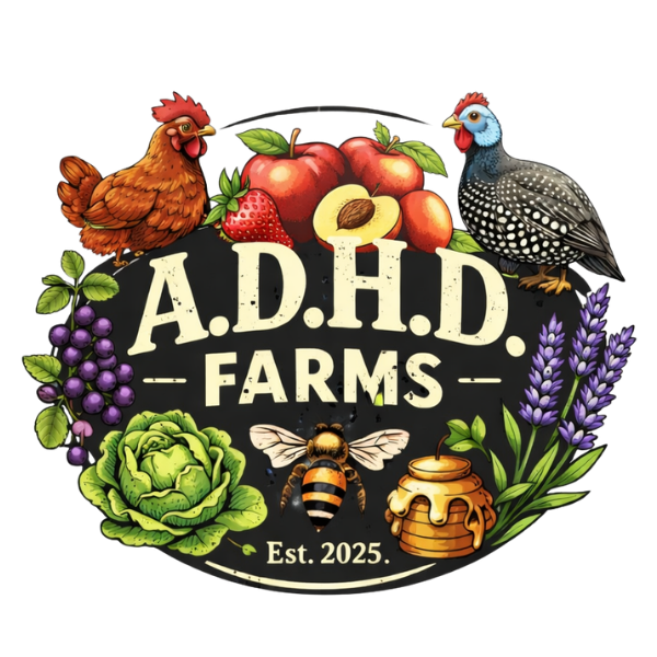 ADHD Farms logo featuring farm produce, poultry, honey bee, elderberries, and lavender.
