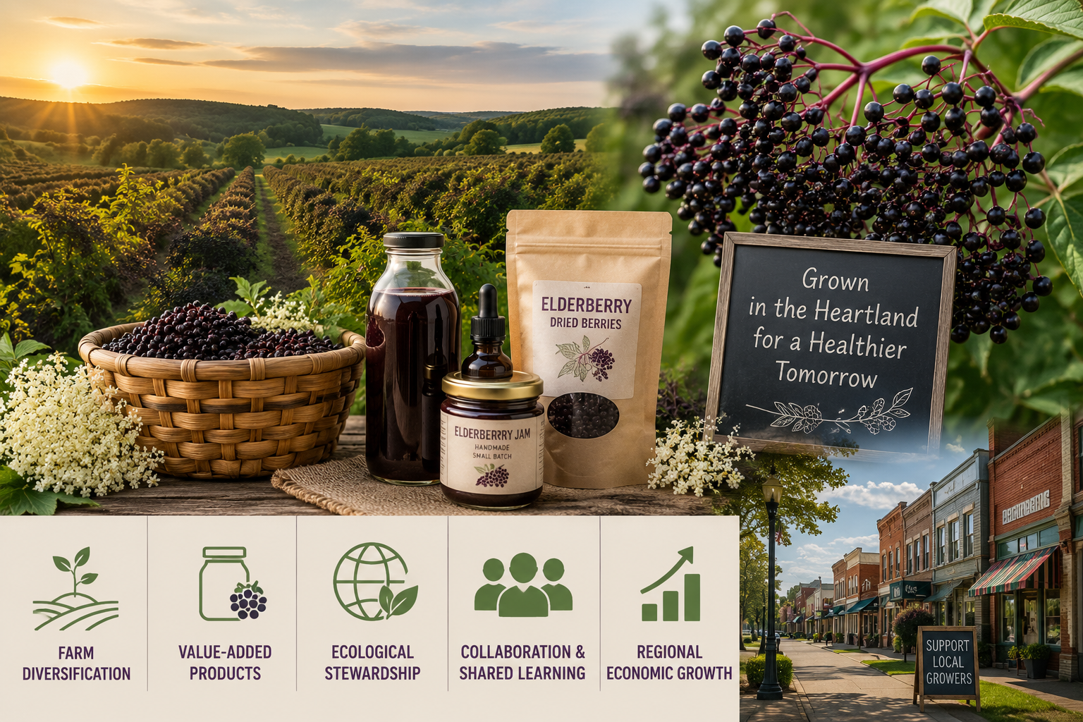 American elderberry production in the Heartland featuring cultivated elderberry fields, value-added products, and rural economic development, illustrating opportunities for farm diversification, ecological stewardship, and regional growth.