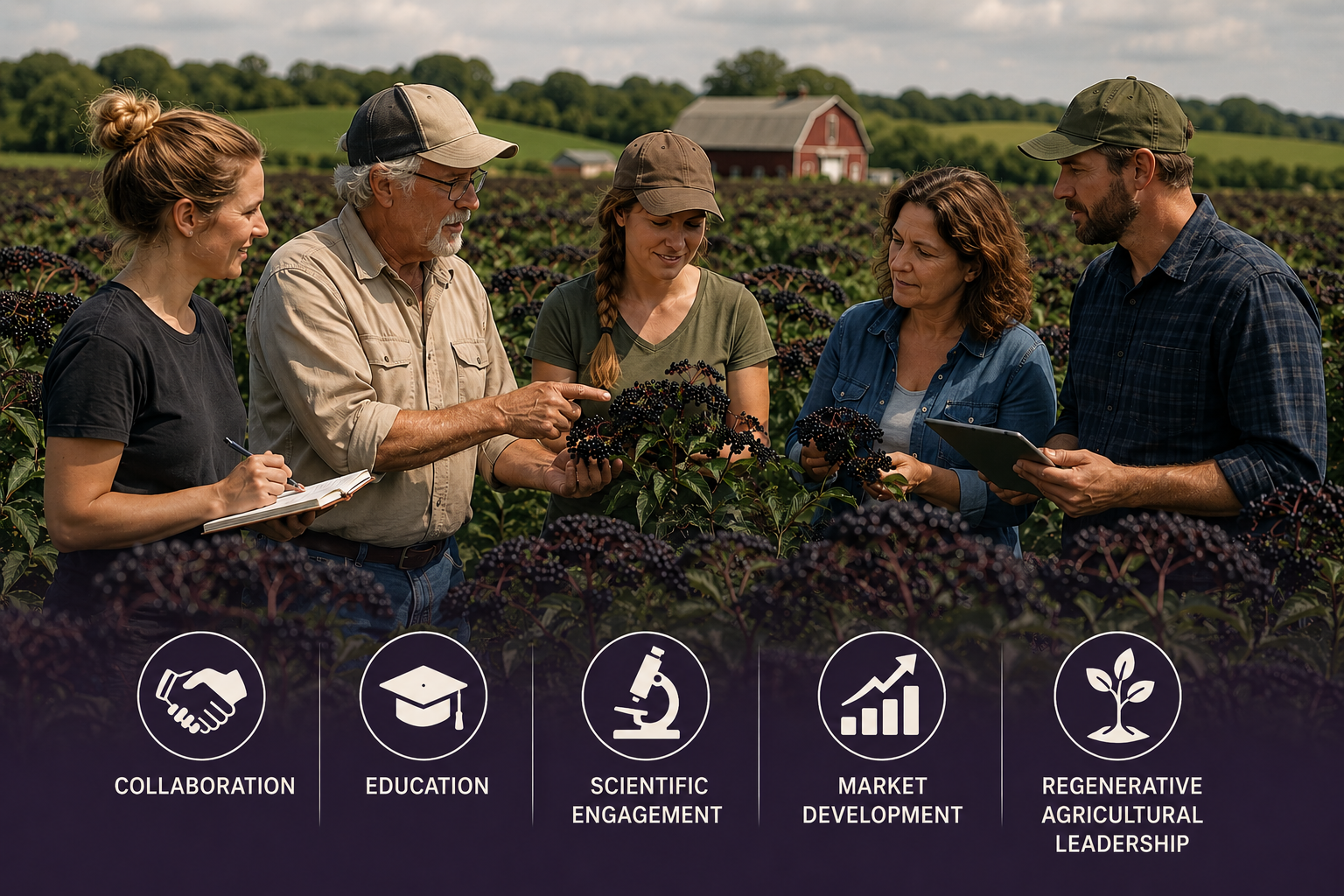Group of field researchers or farmers discussing crops in a soybean field with a barn in the background. Overlay icons and text highlight themes of collaboration, education, scientific engagement, market development, and regenerative agricultural leadership.